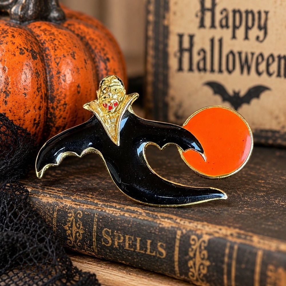 Vintage SFJ Halloween Vampire Dracula Brooch Gold Tone Orange Moon Enamel Pin